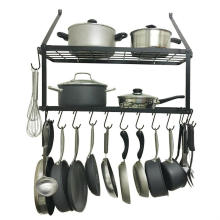 Single Black Pan Shelf Wall Mounted Hanging Pot storage Rack organizer with 10 Hooks